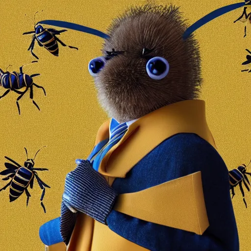 Prompt: a hyperdetailed anthropomorphic bee in a business suit in three quarters perspective, high detail, 8 k, super texture, beautiful soft fur hairs