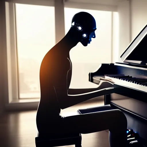 Image similar to a cyborg playing the piano in a futuristic apartment, award winning art, 4k, highly detailed, sharp focus, cinematic lighting, smooth