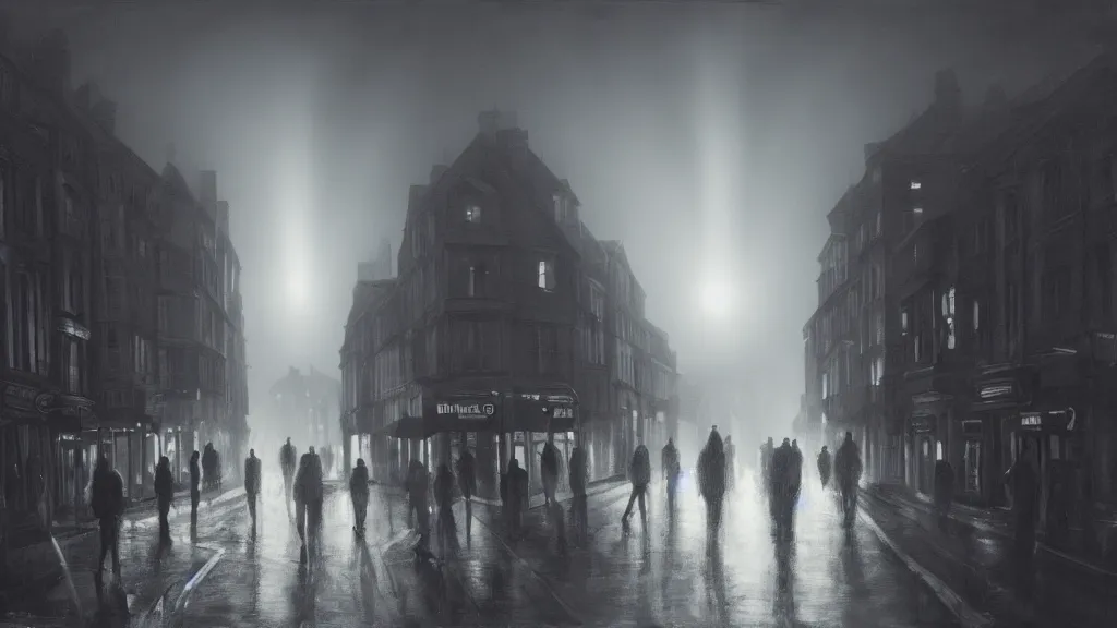 Prompt: a black hole with glowing edges over old town with houses in the windows of which the light is on and a crowd of people on street. early morning, fog on ground, wet street. mike barr painting. volumetric light, dull colors, dark, noir arthouse, 3 5 mm, hight detalied, hd, 4 k