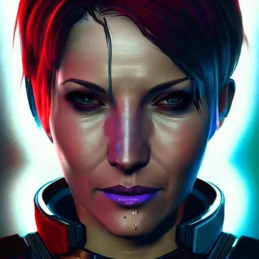 Prompt: epic portrait of femshep Mass Effect 1 character creator scars 1, Night City, cyberpunk 2077, neon megacity in the background, angry and bored, illustration, soft lighting, soft details, painting oil on canvas by mark arian by artgerm, trending on artstation, 4k, 8k, HD
