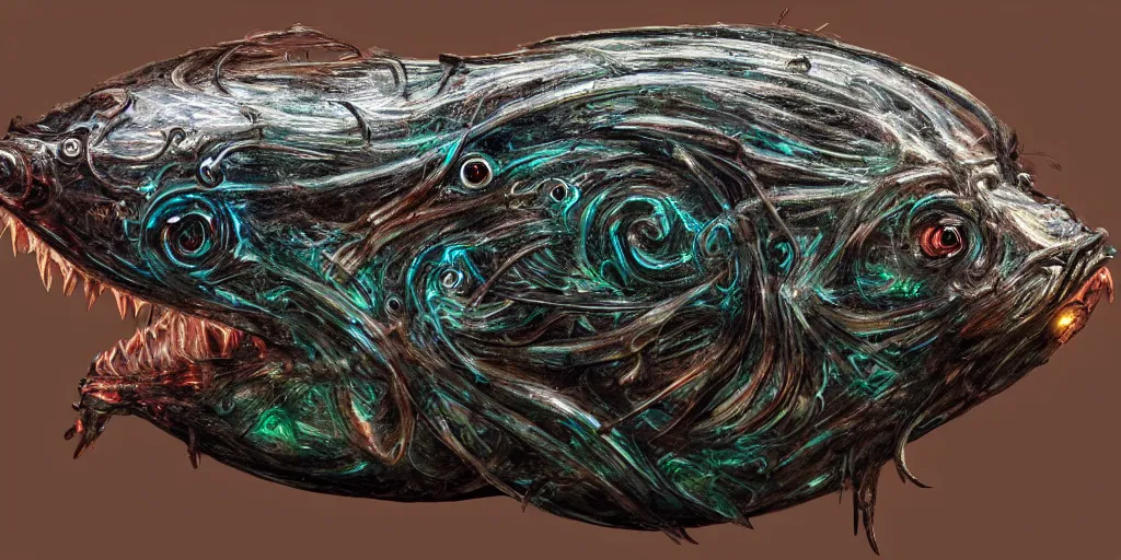 Image similar to angler fish sculpture, stylized layered shapes, long flowing fins, bioluminescent orbs, diffuse lighting, glowing eye, intricate, elegant, highly detailed, lifelike, photorealistic, digital painting, artstation, smooth, sharp focus, art by h r giger