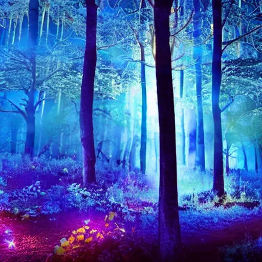 Prompt: enchanted forest with magical creatures at night with a blue hue with fireflies, real life, photograph, photorealistic, 4 k