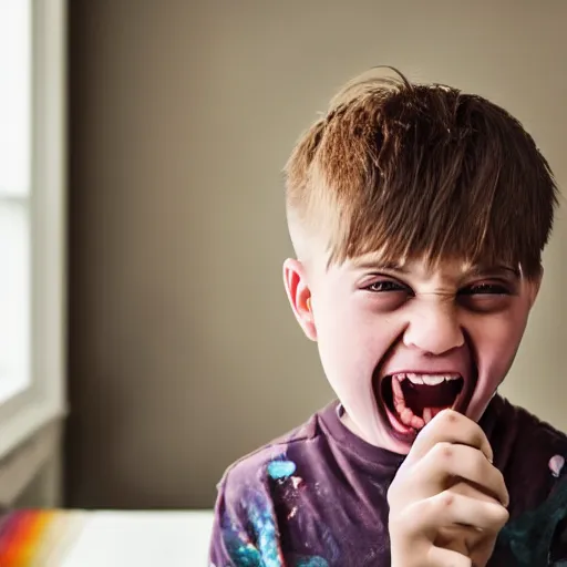 Prompt: Beautiful painting of a kid with cup cut hair, Big head, Big mouth, blushing scream and criyng in his room 50 mm studio lighting