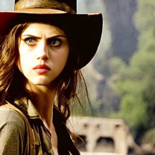 Image similar to A still photograph of Alexandra Daddario as Indiana Jones in Indiana Jones and the Raiders of the Lost Ark