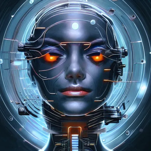 Image similar to Meditating cyborg with many cybernetic implants and wiring, lotus pose, techno-optimism, utopia, sci-fi, hyperrealist, centered, wide angle shot, detailed, intricate, digital painting by Greg Rutkowski, face by artgerm, digital art, trending on artstation, top post of all time on /r/transhumanism subreddit