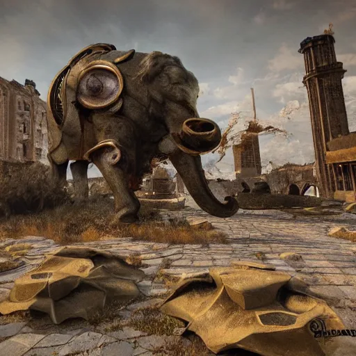 Image similar to golden mammoth in a ruined city, photorealistic, realistic, dramatic, cinematic, photography