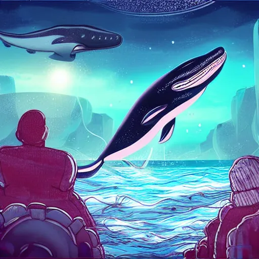 Image similar to a city under the ocean on an alien world, and a whale who feels disconnected from it wistfully watching a spaceship fly away, sci-fi digital art illustration,