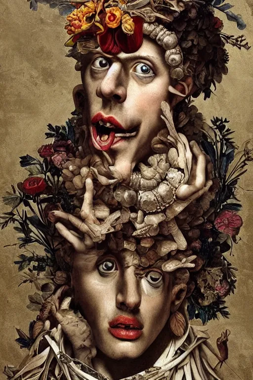 Image similar to Detailed maximalist portrait a greek god with large lips and with large white eyes, exasperated expression, botany bones, HD mixed media, 3D collage, highly detailed and intricate, surreal illustration in the style of Caravaggio, dark art, baroque