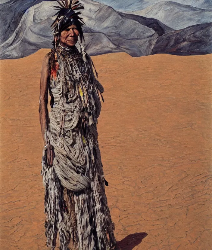 Image similar to full body shot picture of indigenous people woman leader in desert, painted by lucian freud, hd, super detailed, realistic, muted colors