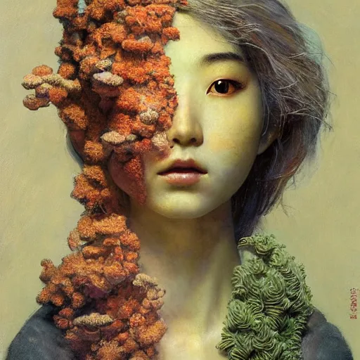 Prompt: a sculpture portrait of a beautiful young japanese girl made of smoke mushrooms and coral reefs and crystals and plants, muted cold colors, painting part by wojciech siudmak, part by ilya repin, part by norman rockwell, artstation