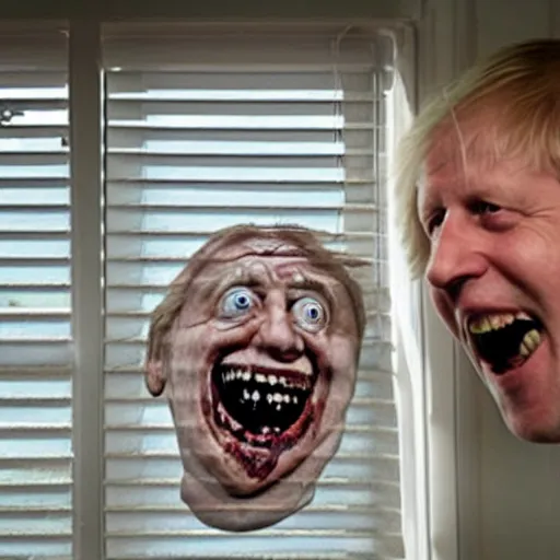 Image similar to a photo taken from the inside of an old house, showing window blinds being pulled back to reveal a terrifying boris johnson with his unhinged face pressed against the window and his bloody hands placed on the window, horrifying grin. horror, raining, night time, zoomed out