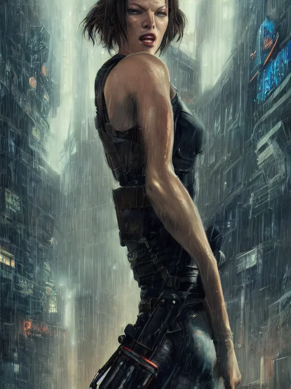 Prompt: portrait of milla jovovich from resident evil fighting in the wreckage city in the rain, by tom bagshaw, cedric peyravernay, james paick, ted nasmith, peter gric, hugh ferriss, trending on artstation, 8 k, blade runner 2 0 4 9, ultra realistic, high detail, golden ratio, cinematic lighting, maximalist