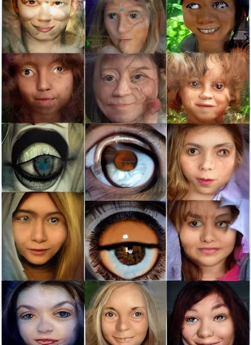 Image similar to diverse human eyes!, dot pupils, round pupil, happy smiling human eyes, round iris, advanced art, art styles mix, from wikipedia, various eye shapes, eye relections