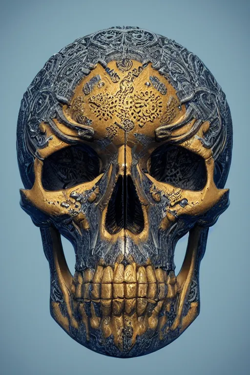 Prompt: hyperrealistic 3 d render skull, the skull is decorated with art deco gears patterns, hyperrealistic, volumetric lighting, ultra detailed, elegant, octane render, blue and gold, 8 k, trending on artstation, unreal engine