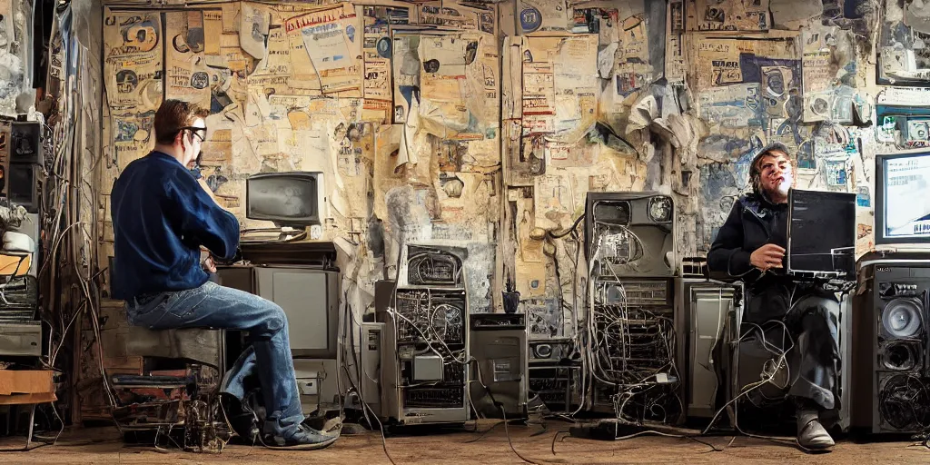 Image similar to typical cryptocurrency nerd, sitting in front of old 9 0's computer, shilling, crt tubes, cables everywhere, damp basement decay, bitcoin poster in background, fat and dirty, scruffy looking, claustrophobia, humidity mold, award - winning photomanipulation