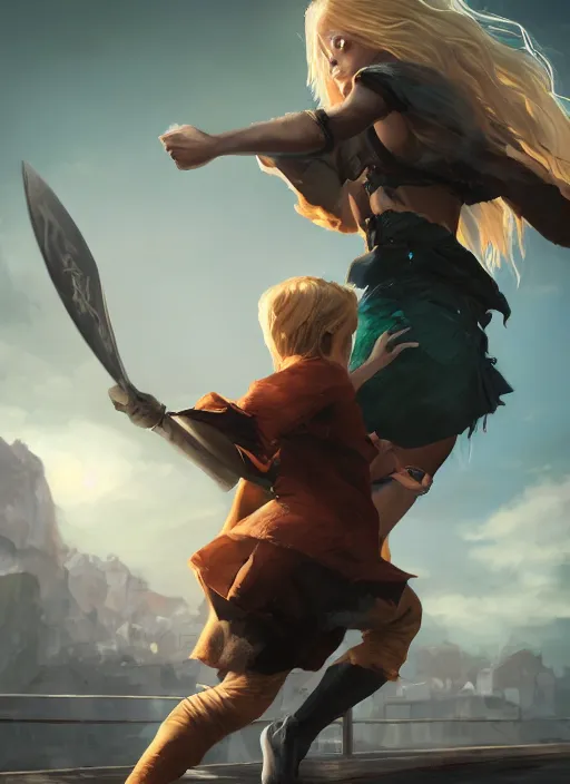 Prompt: An epic fantasy comic book style portrait painting of a young blonde boy thief running from a woman in a brothel, unreal 5, DAZ, hyperrealistic, octane render, cosplay, RPG portrait, dynamic lighting