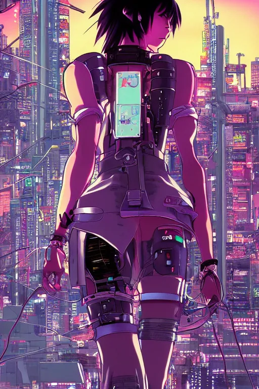 Prompt: beautiful cyberpunk anime style illustration of motoko kusanagi seen in a tech labor with her back open showing a complex mess of cables and wires, by masamune shirow and katsushiro otomo, studio ghibli color scheme