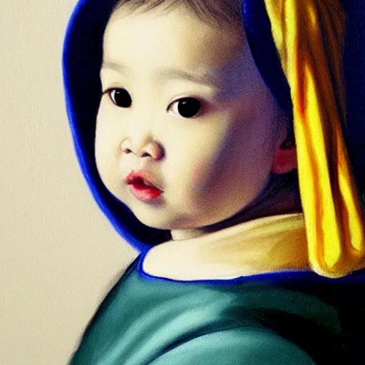 Image similar to A portrait of a lovely Asian baby girl imitating Girl with a Pearl Earring, detailed oil painting, dark background, 4k,