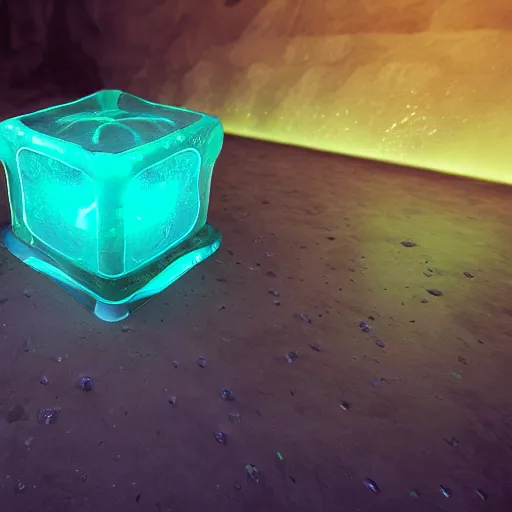 Image similar to a gelatinous cube from dnd, translucent green slime cube, 3d render, unreal engine, volumetric lighting, artstation