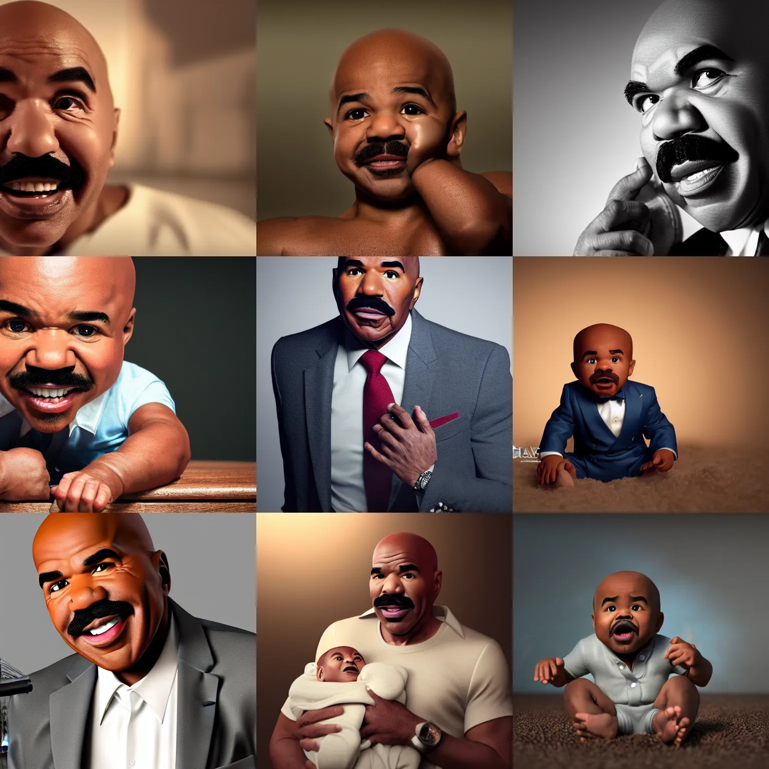 Prompt: a dramatic photograph of steve harvey as a baby!!, cinematic, concept art, hyperrealistic, 4 k, octane render