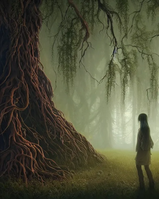 Image similar to highly detailed surreal vfx portrait of a cursed monster in a shadowy forest by a willow tree, stephen bliss, unreal engine, greg rutkowski, loish, rhads, beeple, makoto shinkai and lois van baarle, ilya kuvshinov, rossdraws, tom bagshaw, alphonse mucha, global illumination, detailed and intricate environment