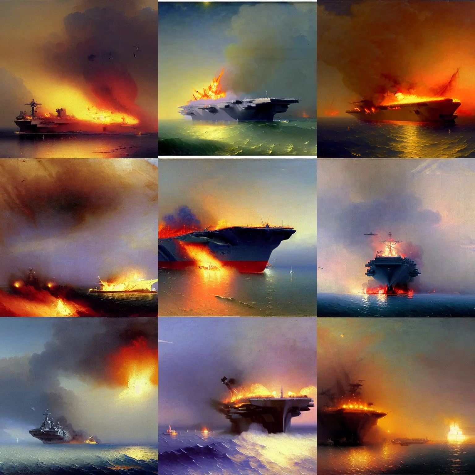 Prompt: Aircraft carrier CVN-65 Enterprise burning, oil-on-canvas by Ivan Aivazovsky
