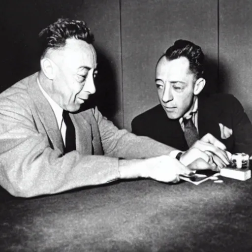 Image similar to Still of Albert Camus enjoying his time with Albert Einstein in Las Vegas casino, 1945 type photography