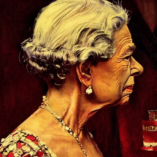 Image similar to close - up portrait of queen elizabeth painted as a sad beggar by norman rockwell, dramatic lighting