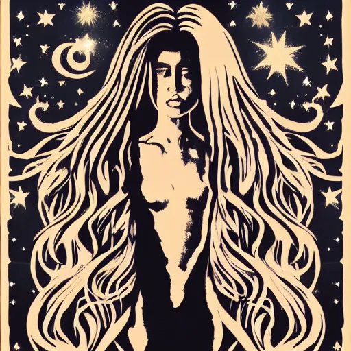 Prompt: a silhouette of a long haired woman, outer space, hearts, album art,