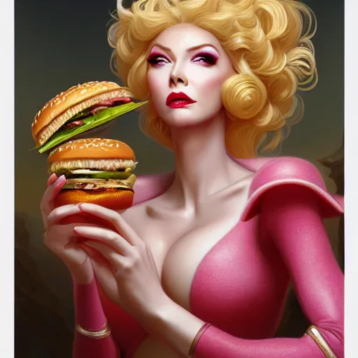 Prompt: portrait of angelyne makeup eating hamburgers, extra onions and ketchup, luscious patty with sesame seeds, feminine ethereal, handsome, d & d, fantasy, intricate, elegant, highly detailed, digital painting, artstation, concept art, matte, sharp focus, illustration, art by artgerm and greg rutkowski and alphonse mucha