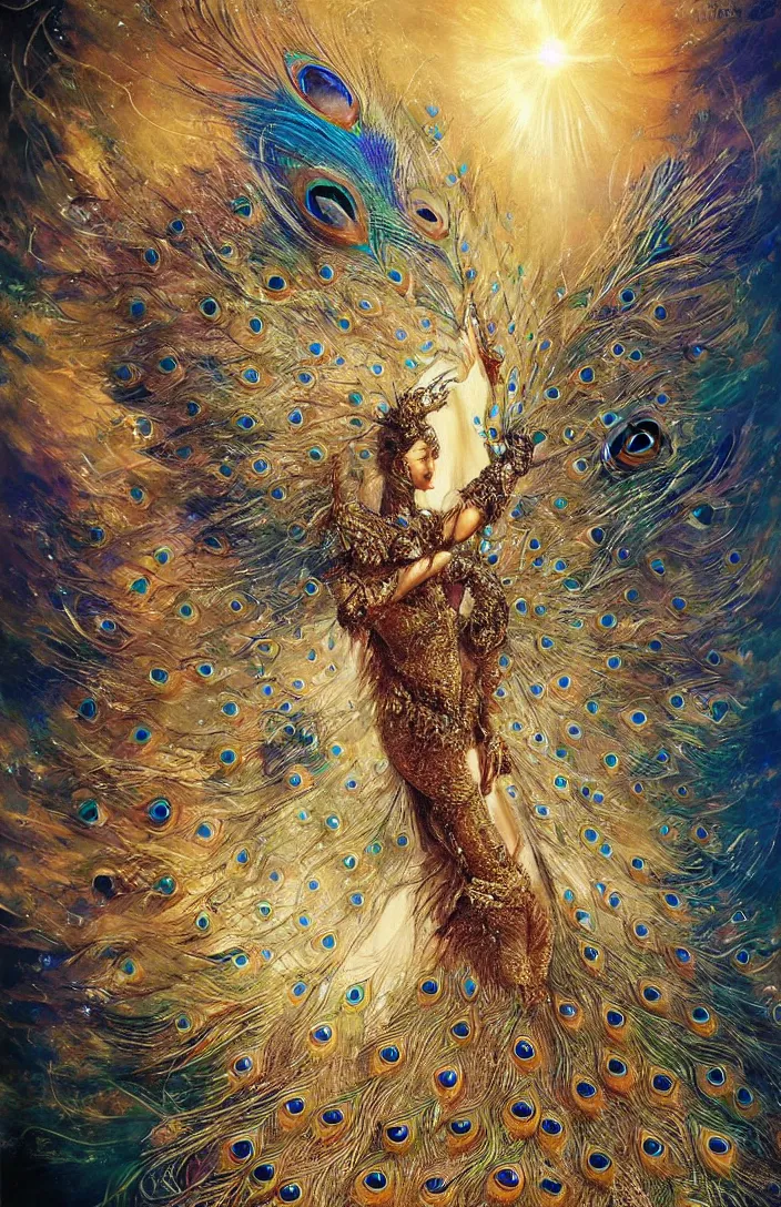 Prompt: beautifu peacock feathers, golden armor, shining light, gems, god rays by Karol Bak, Ayami Kojima, Amano