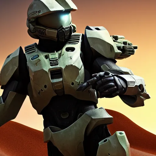 Prompt: ultra realistic 3 d render of master chief on a desert planet. epic image. action pose. explosions. sunrise. canon rf 2 4 - 7 0 mm f 2. 8 l is usm