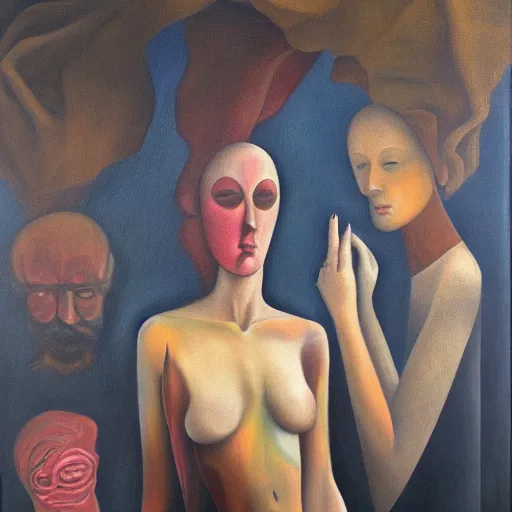 Image similar to three intiates, surrealism, oil on canvas, high detail