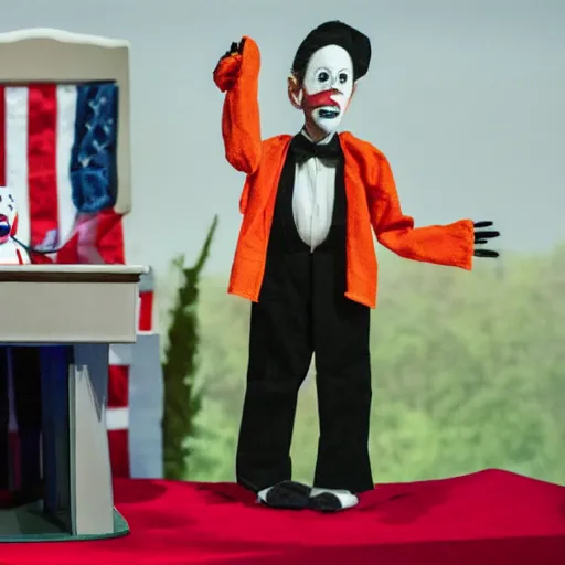 Prompt: puppet show of a string marionette of a president with clown makeup in a podium