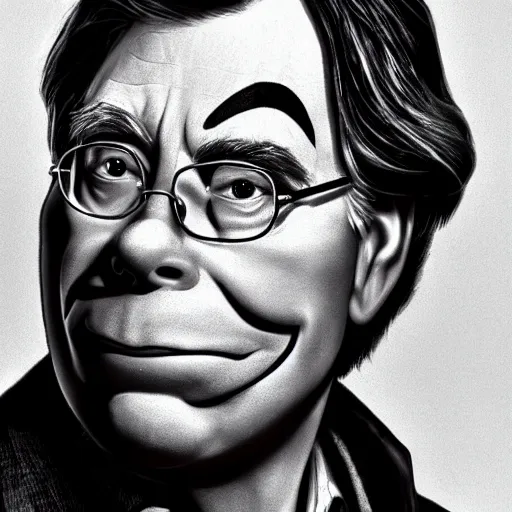 Image similar to a portrait of stephen king with clown makeup on