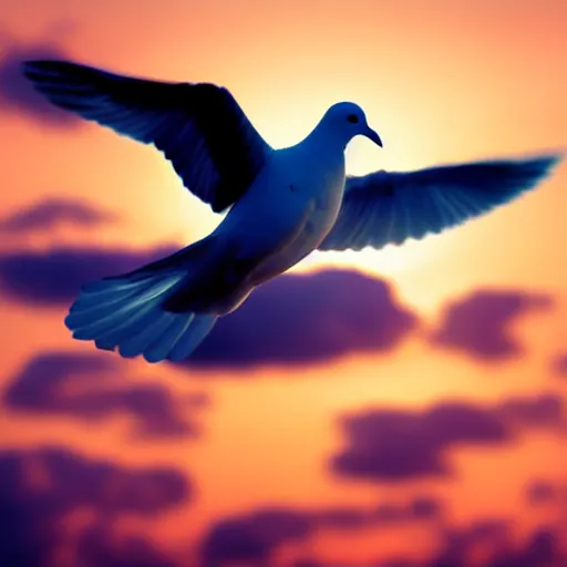 Image similar to Close-up realistic shot of a radiant white dove flying over the clouds at sunset, ethereal, vintage photograph, film grain, surreal, awe-inspiring, highly detailed, teal and orange color scheme