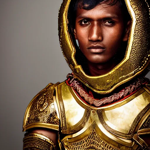 Image similar to a portrait of a beautiful young sinhalese male wearing an alexander mcqueen armor , photographed by andrew thomas huang, artistic