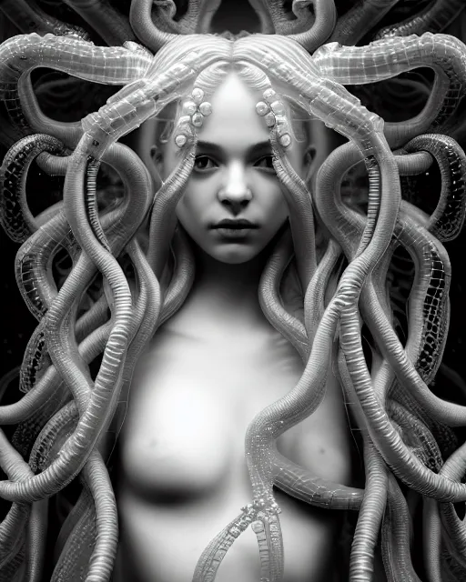 Image similar to mythical dreamy underwater artistic black and white 3 d render of a translucent beautiful young female angelic - medusa - vegetal - doll, highly detailed, intricate crystal ivy jelly ornate, poetic, translucent algae ornate, digital art, octane render, 8 k artistic photography, photo - realistic, hg giger flora borsi