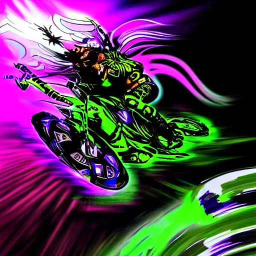 Image similar to psychedelic blacklight airbrush artwork, hyper stylized action shot of an orc biker riding a motorcycle, clear focused details, soft airbrushed edges and gradients on a black background