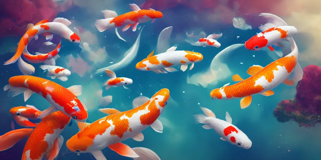 Image similar to koi fish floating in space, realistic detailed digital art by maxwell boas, jessica rossier, christian dimitrov, anton fadeev, trending on artstation, cgsociety, rendered in unreal engine, soft colors, 4 k, hq