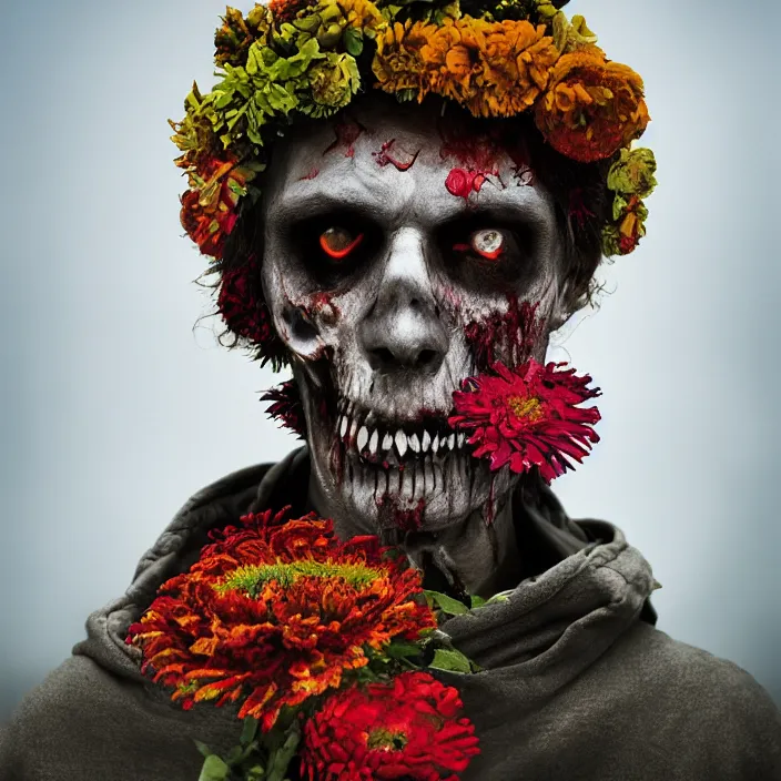 Prompt: closeup portrait of a undead zombie wearing a hooded cloak made of zinnias and rainbows, in an empty field, by Annie Leibovitz and Steve McCurry, natural light, detailed face, CANON Eos C300, ƒ1.8, 35mm, 8K, medium-format print