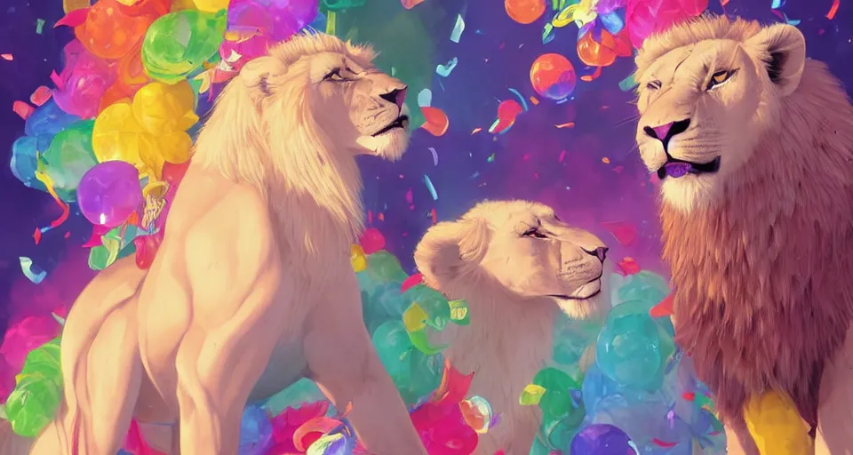 Image similar to aesthetic portrait commission of a albino male furry anthro lion surronded by rainbow confetti at a gay pride festival with his male lion anthro friends, bright and sunny atmosphere, Character design by charlie bowater, ross tran, artgerm, and makoto shinkai, detailed, inked, western comic book art, 2021 award winning painting