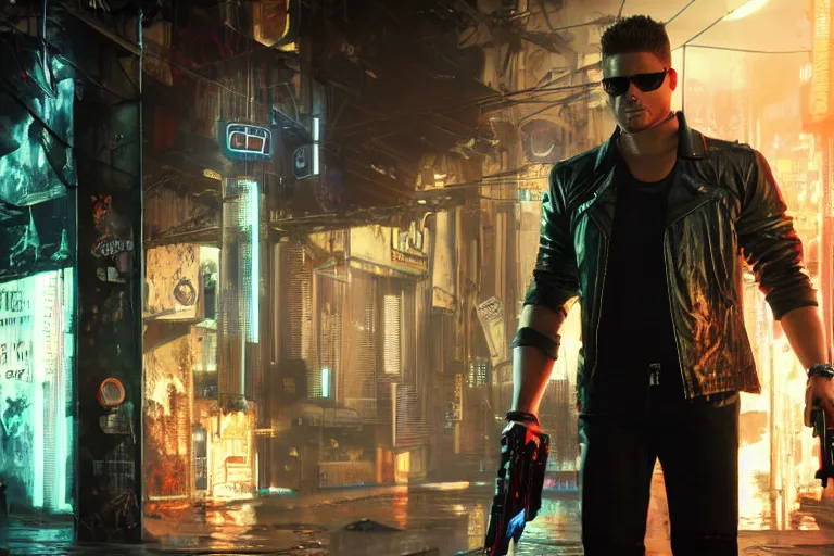 Prompt: a detailed full bodied 3 d render of an extremely handsome jensen ackles as the terminator walking down a dark alley in cyberpunk 2 0 7 7 and holding a glowing electrified katana, facing the camera, explosion in the background, volumetric lighting, octane render, 8 k, art by greg rutkowski and albert bierstadt and alphones mucha