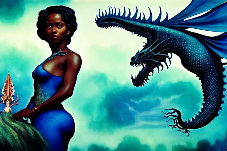 Image similar to realistic detailed photorealistic film portrait shot of a beautiful black woman with a dragon, sci-fi landscape background by Denis Villeneuve, Amano, Yves Tanguy, Alphonse Mucha, Ernst Haeckel, Andrei Tarkovsky, Edward Robert Hughes, Roger Dean, rich moody colours, wide angle, blue eyes