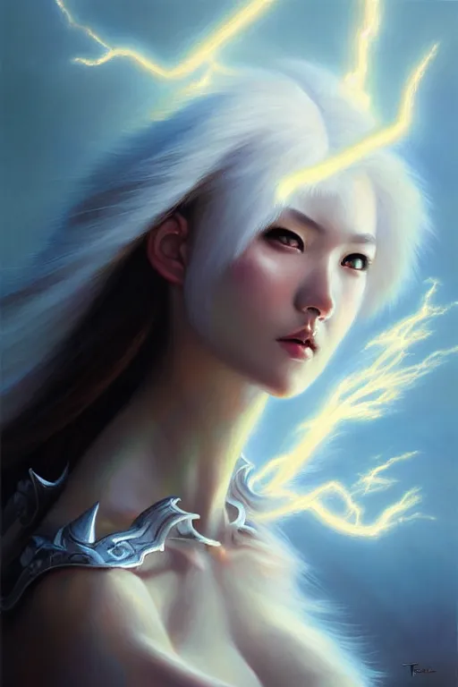 Image similar to oil painting, white, sakimi chan, detailed face, fantasy armor, flying, tony sart, wind, lightning, dramatic lighting