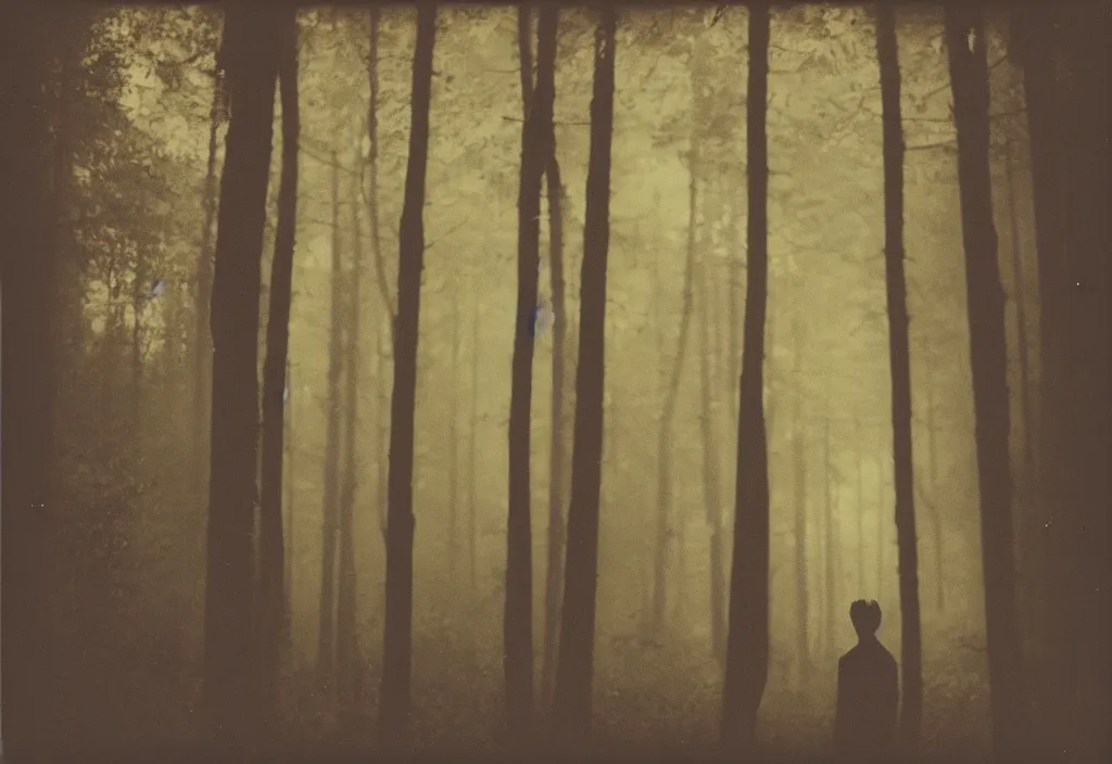 Image similar to vintage polaroid photograph of a silhouette of a man standing in a forest