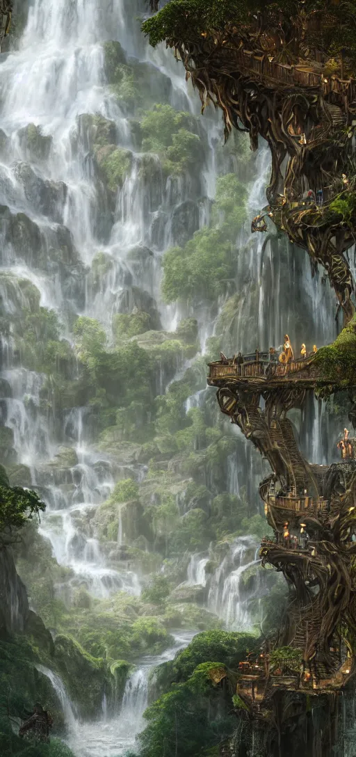 Image similar to wooden elven City with golden roofs, arches and bridges on top of a WATERFALL in the fall, gnarly trees, lush vegetation, forrest, a small stream runs beneath the waterfall, landscape, raphael lacoste, eddie mendoza, alex ross, john howe, concept art, matte painting, highly detailed, rule of thirds, dynamic lighting, cinematic, detailed, denoised, centerd, clean render