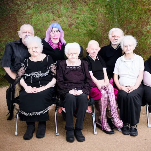 Image similar to an old age home for geriatric goths. photograph group portrait.