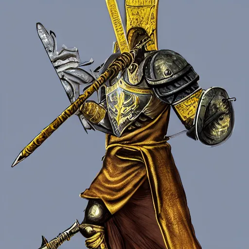Image similar to Colored shot of dark souls boss using a spear made of gold. He is wearing a roman toga, trending on artstation, fantasy, concept art