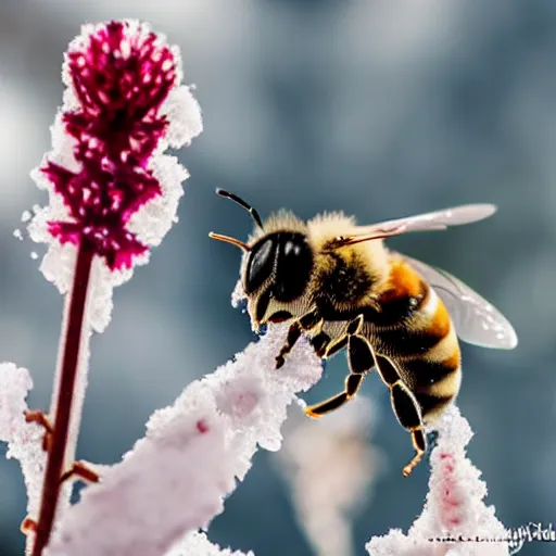 Prompt: a bee finding a beautiful snowflake flower, only snow in the background, beautiful macro photography, ambient light